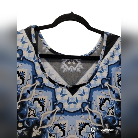 XL Navy Blue Sheer Flowy Sleeve V Neck Tunic Paisley Geometric - Picture 5 of 7